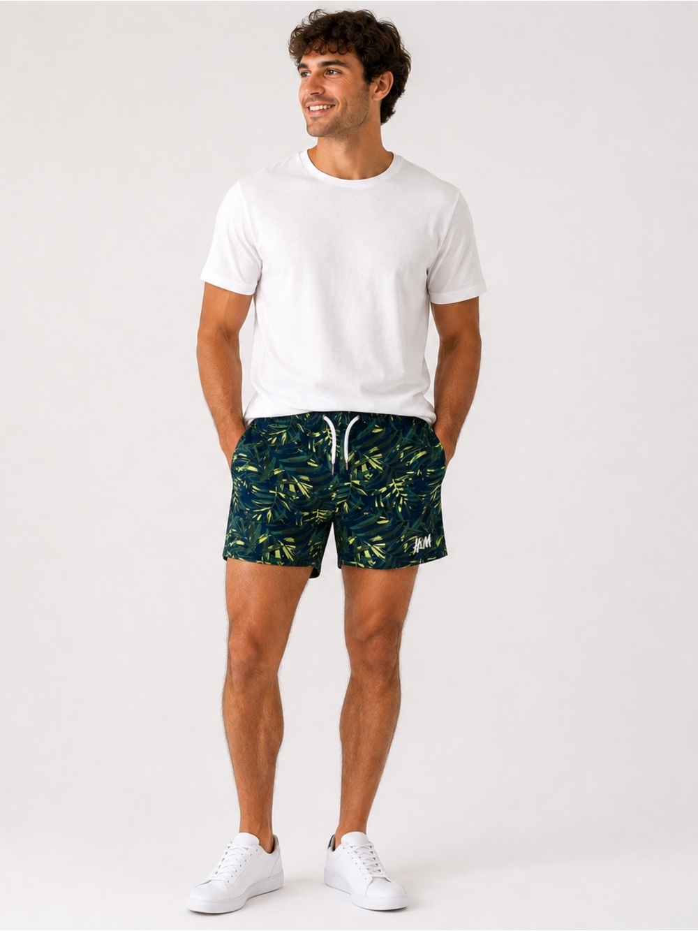 H&M Tropical Palm Print Drawstring Shorts Cotton Men’s Medium